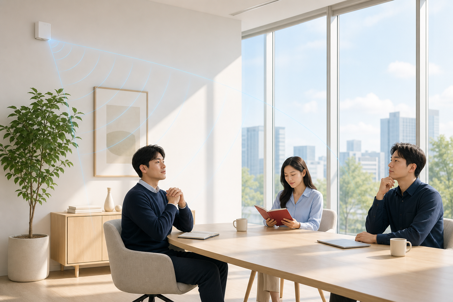 햇살이 들어오는 밝은 회의실에서 세 사람이 조용히 앉아 있고 벽면 센서의 전파를 연한 파란 선으로 표현한 장면
